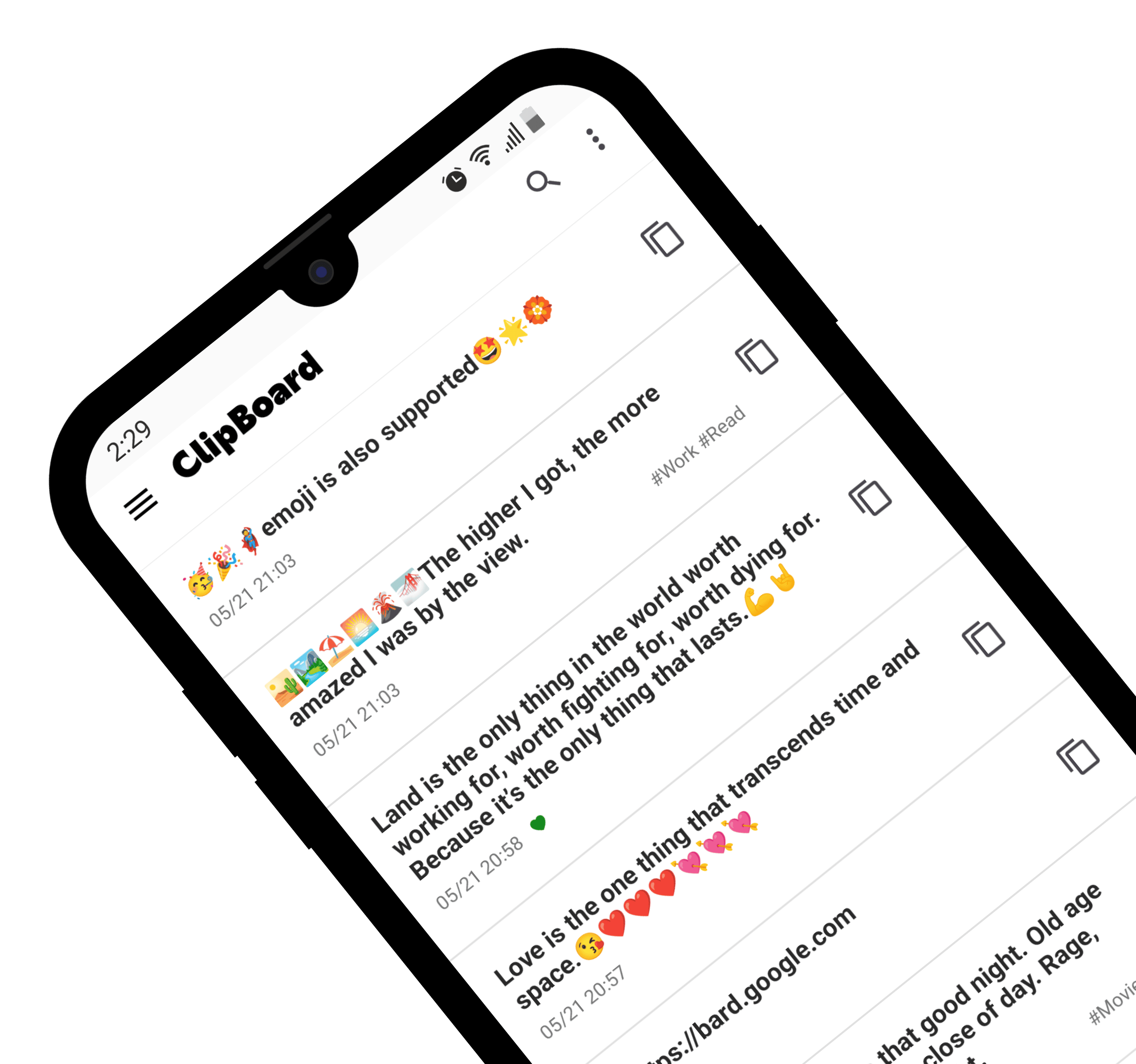 Clipboard app interface on a phone